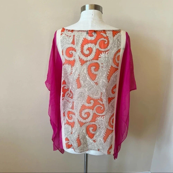 Talbots 100% Silk Paisley Chiffon Top Size S / M Pink Orange 14423 - Picture 3 of 7